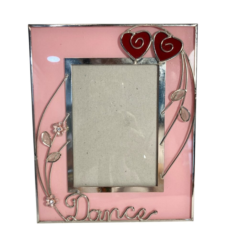 Vintage Pink Glass DANCE Picture Photo Frame Flowers Hearts Girls 3.5X5"